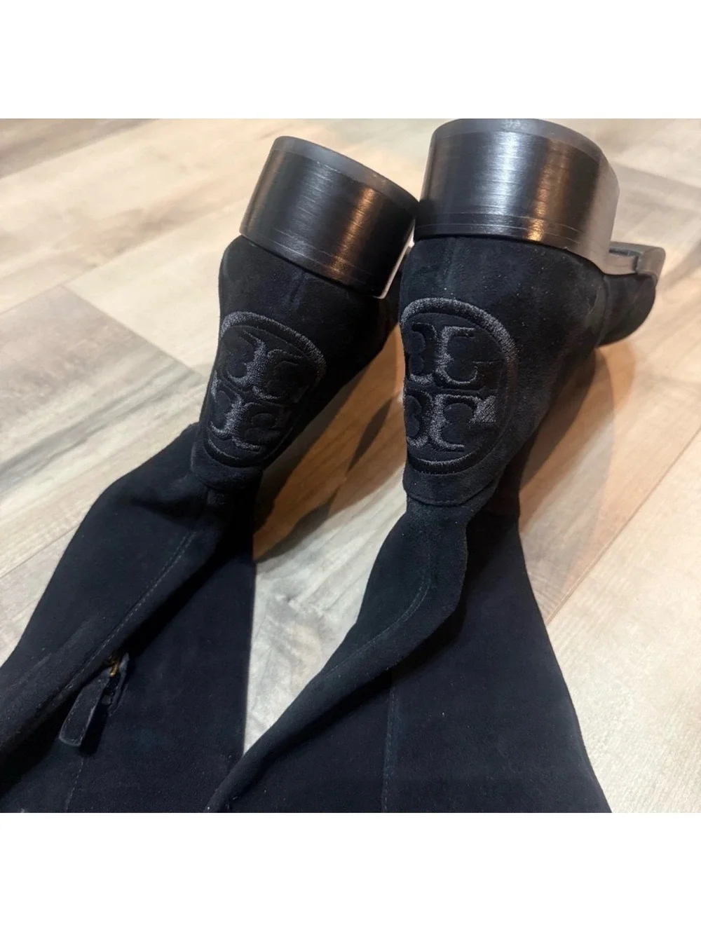 Tory Burch Over The Knee Boots Womens 7 Black Suede Leather Logo Riding Boots